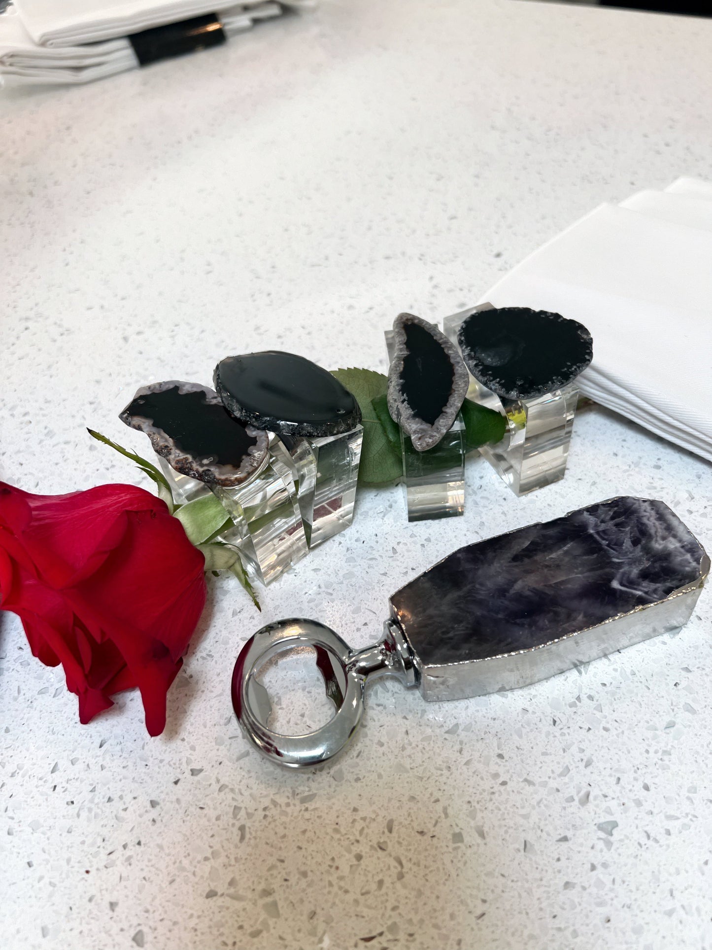 Black Agate Stone Napkin Ring Holder | Pair