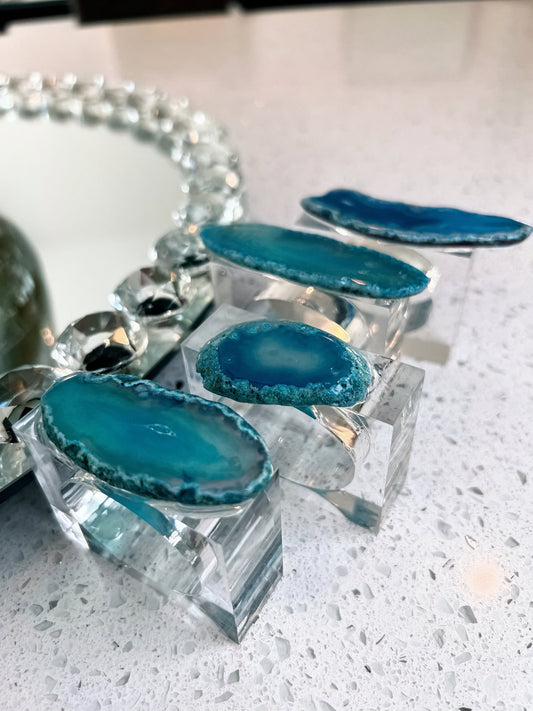 Blue Agate Stone Napkin Ring Holder | Pair